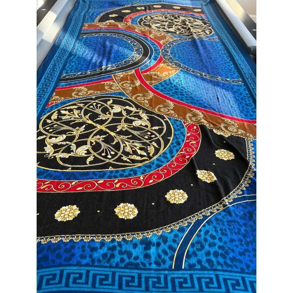 XINMURFFY 100% Wool Oversized Scarf Blue Gold Baroque Medallion Wrap Shawl